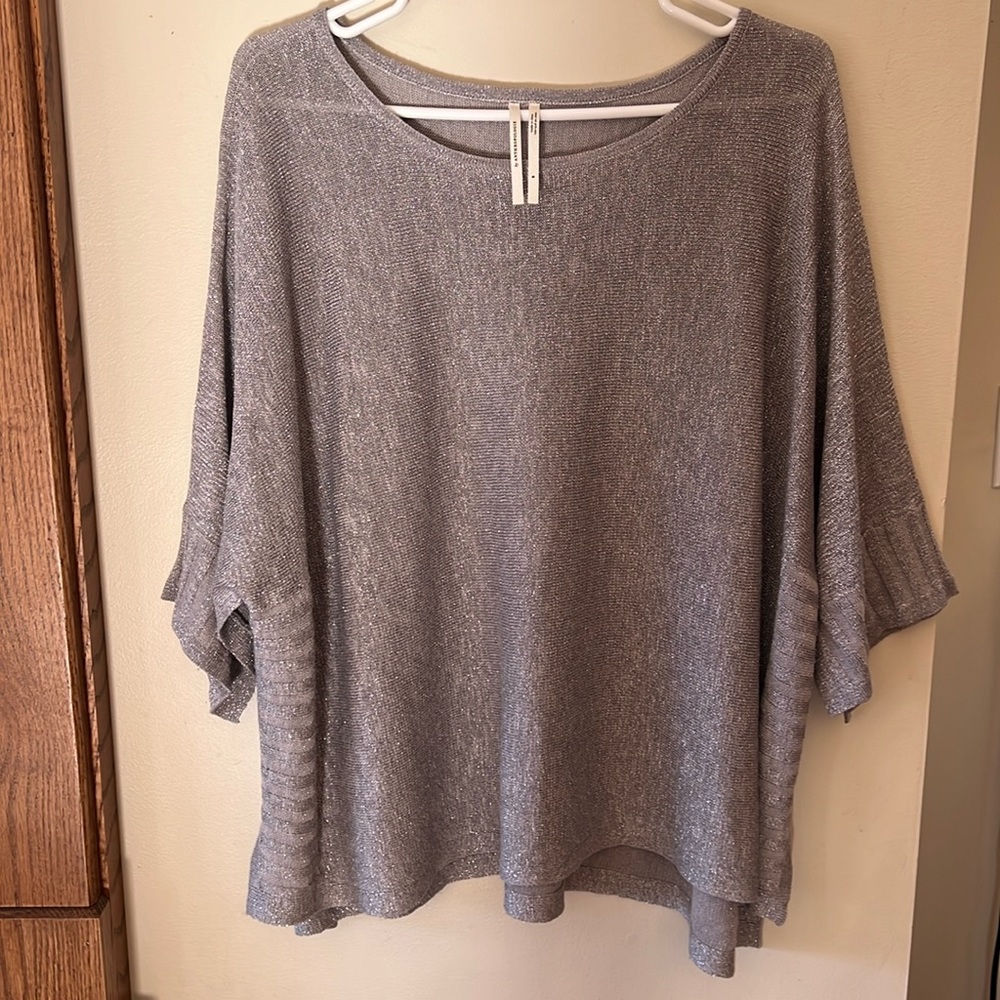 Anthropologie silver sparkly short sleeved linen tunic. Size Medium